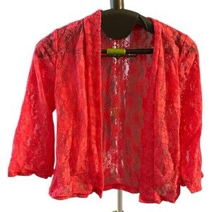 Girls Cardigan Cover Up Size 6-7T Red Floral Lace Sheer Open Front LS